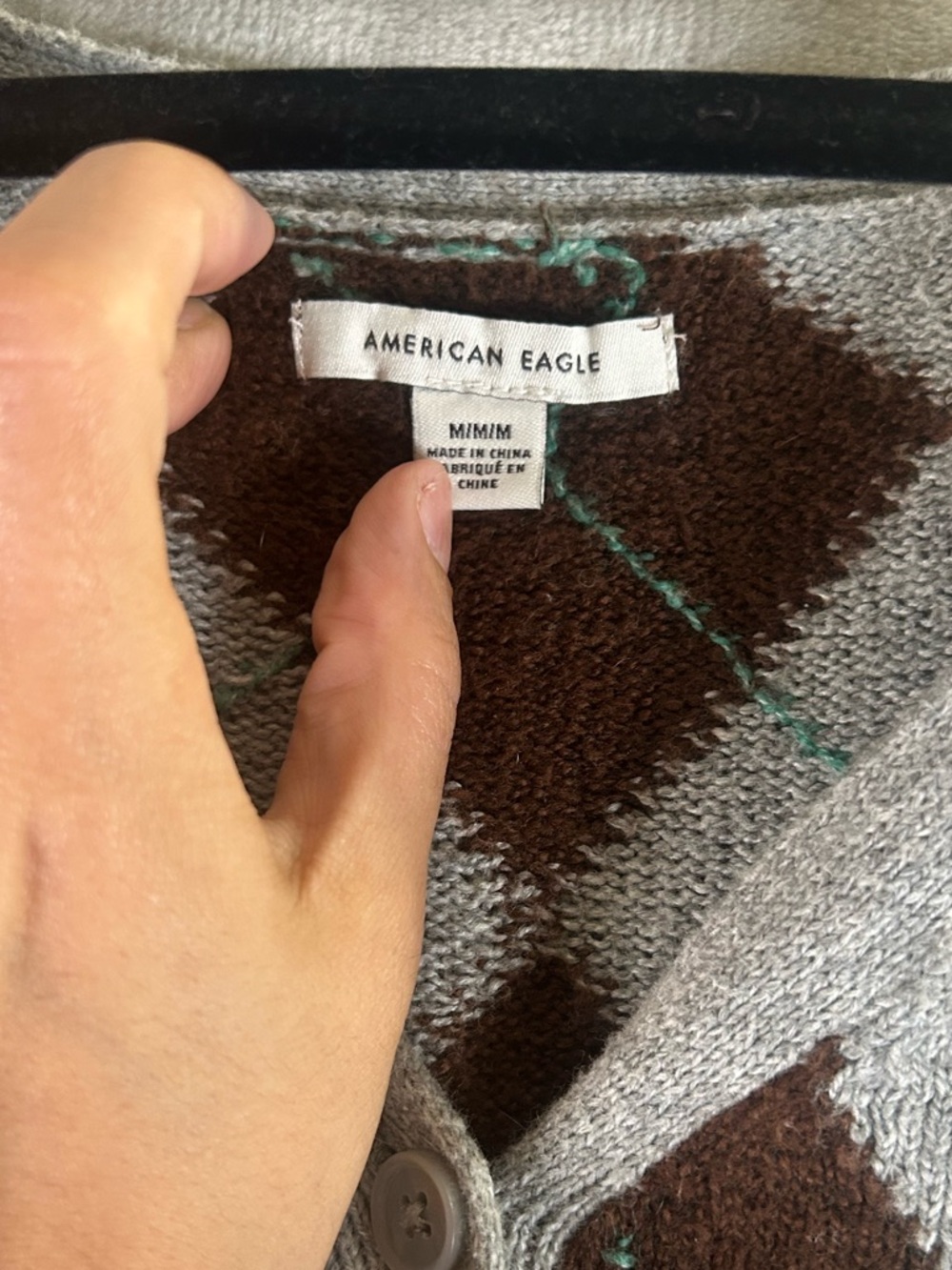 American Eagle Outfitters Cropped Argyle Button-Front Sweater - Gray/Brown/Cream - Picture 2 of 9